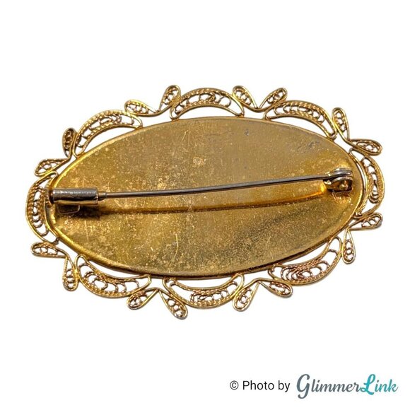 Vintage Oval Damascene Filigree Floral Bird Trombone Clasp Gold Tone Brooch - Picture 5 of 7